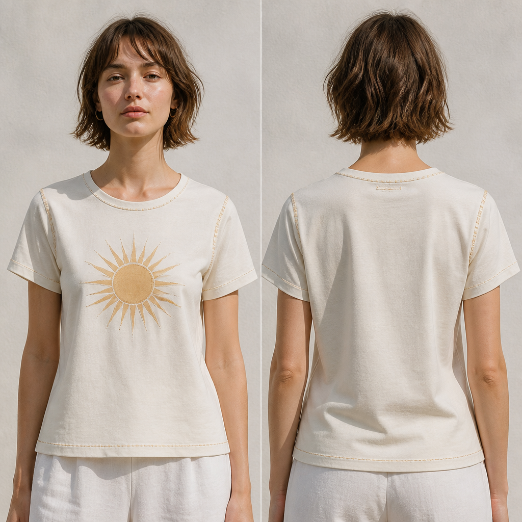 A Female Top design, made of Cotton, for Casual, suitable for Summer, in Classic style. на футболке должно быть солнце. Russia fashion aesthetics.
photorealistic fashion design, A Female Top design, made of Cotton, for Casual, suitable for Summer, in Classic style. на футболке должно быть солнце. Russia fashion aesthetics., classic style, just the design no text, show front and back