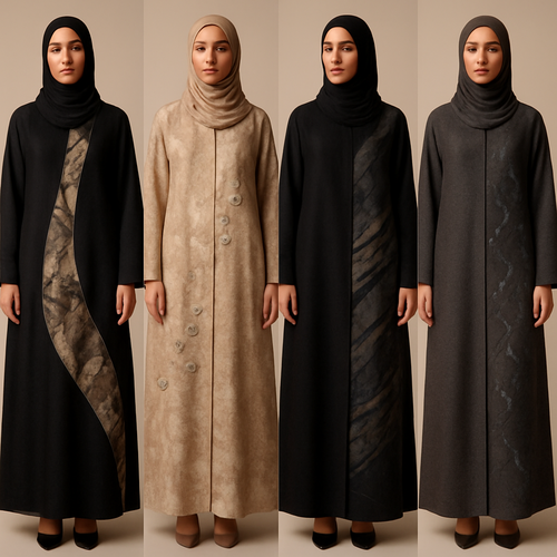 Create a modest abaya, the first of its kind, featuring a unique stone design that exudes a classy and sophisticated vibe. I'd like four designs, each showcasing different styles and fabrics. Incorporate high-end, unique chic stone designs to make them truly special. Add little sophisticated stone designs.