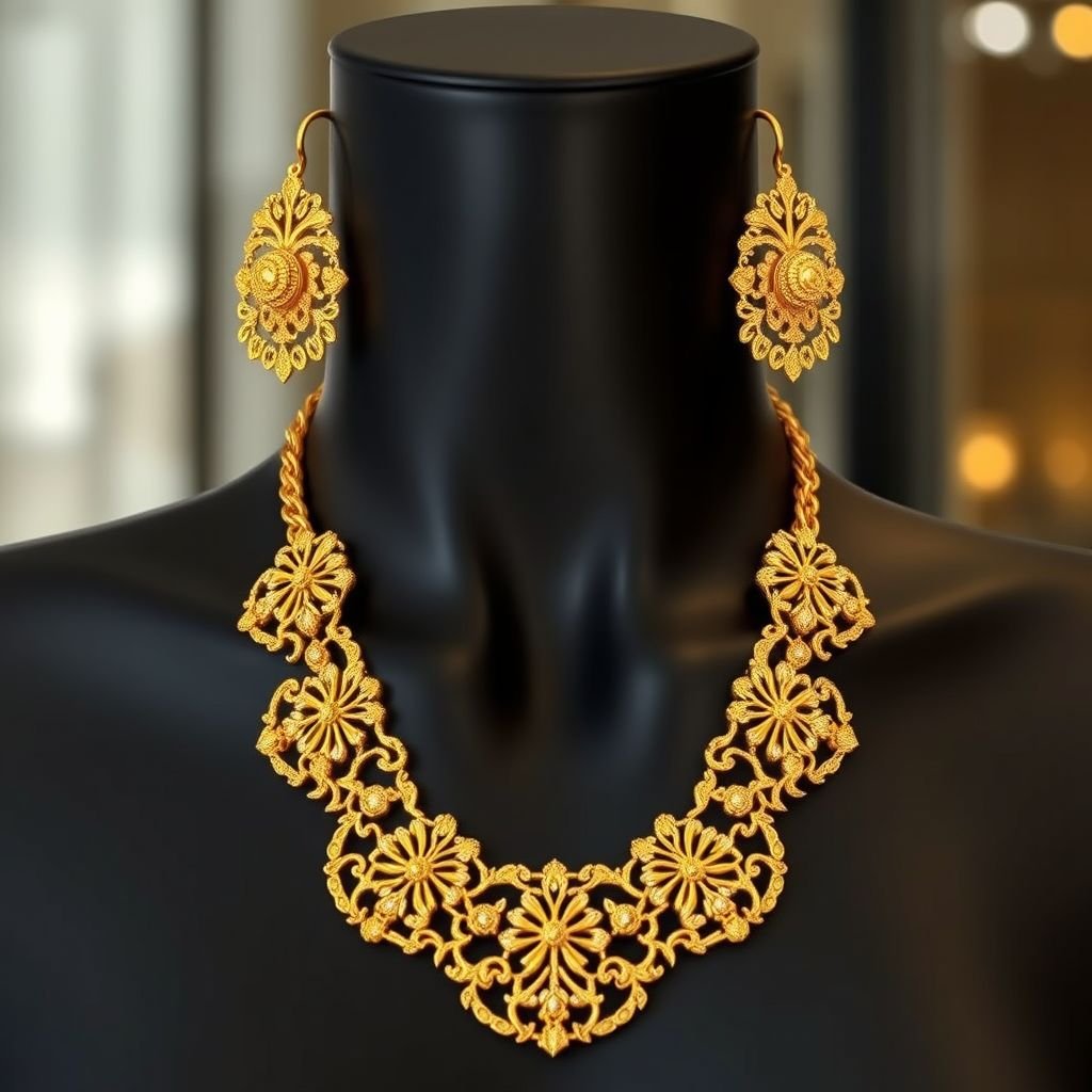Create a image of a black neck to chest mannequin that has a non blemish gold pin earrings and a neck chain around it
Design a striking fashion display featuring a sleek, black neck-to-chest mannequin adorned with radiant, non-blemish gold pin earrings that catch the light. Accompanying them is an ornate, intricately designed gold neck chain, intricately woven with patterns that evoke elegance and sophistication, setting the tone for high-fashion luxury and glamour.