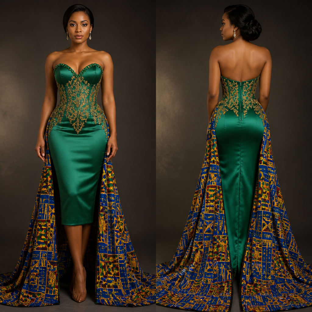 Green with satin from the bust to the knees .
Corset design at the top.
Sweetheart neckline with two layers of green beadings along the neckline.
More blue than mustard yellow with minimal green and minimal red Nkrumah kente for a long trail from mid thigh down the floor all round.
Gold embroidery on the bodice
photorealistic fashion design, Green with satin from the bust to the knees .
Corset design at the top.
Sweetheart neckline with two layers of green beadings along the neckline.
More blue than mustard yellow with minimal green and minimal red Nkrumah kente for a long trail from mid thigh down the floor all round.
Gold embroidery on the bodice
, classic style, just the design no text, show front and back