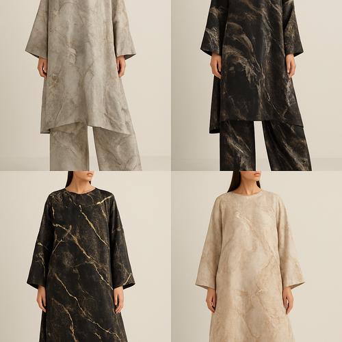 Create a modest abaya and loose pant, first of its kind, featuring a unique stone design that exudes a classy and sophisticated vibe. I'd like four designs, each showcasing different styles and fabrics. Incorporate high-end, unique chic stone designs to make them truly special. Add little sophisticated stone designs. Make it irresistible with designs that stands out.
