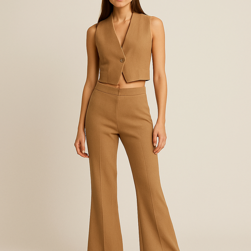 Short Cross tan khaki vest and flared tan khaki bottoms with a khaki cap with a mix of more sporty and a little business look on woman with no undershirt 