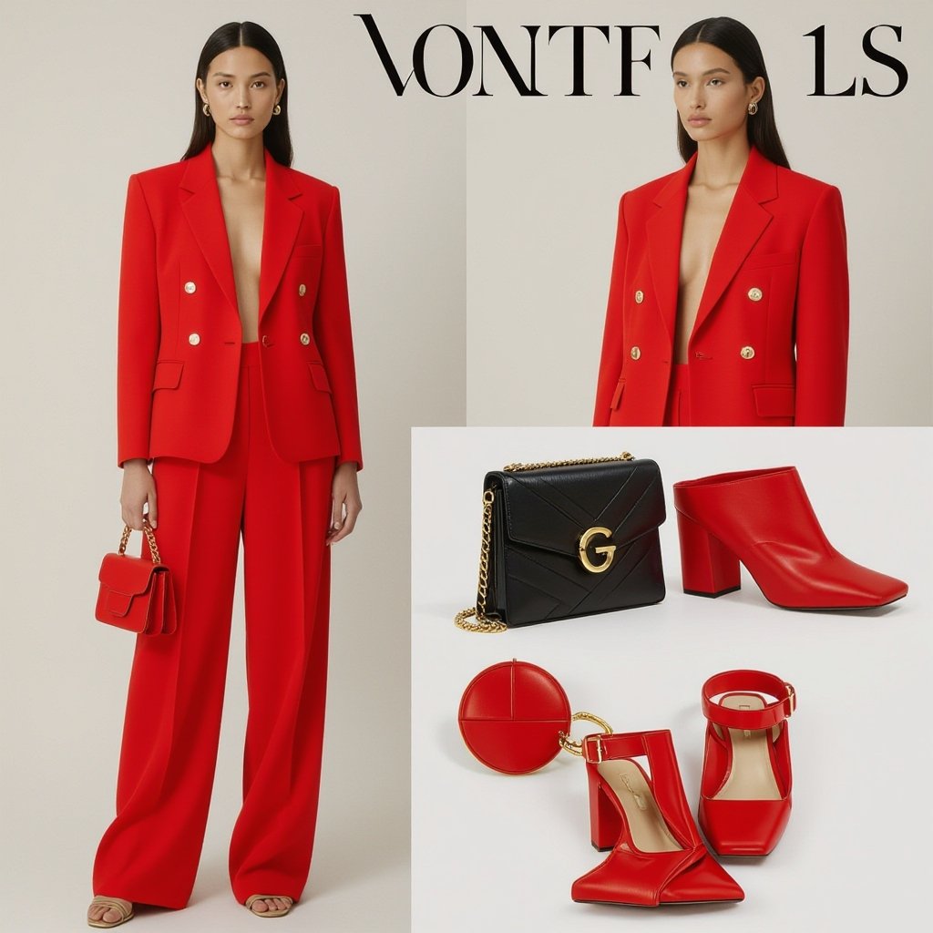 کت قرمز کوتاه با طراحی مینیمال و دکمه های طلایی شلوار قرمز دمپا گشاد
Red cropped jacket with a minimalist design, gold buttons; paired with red wide-leg trousers.