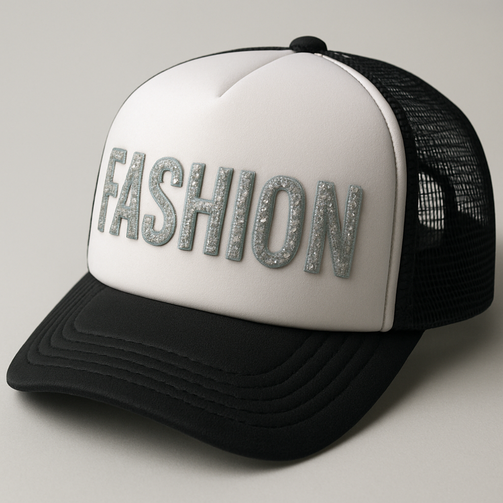 A foam trucker with raised glittery embroidery on the text
A foam trucker with raised glittery embroidery on the text