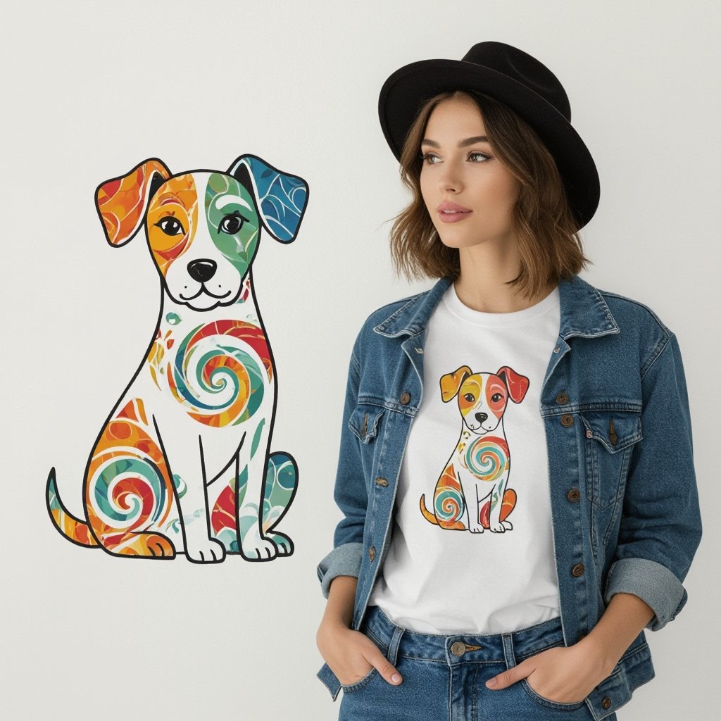 Create a boho design which can be printed in a t shirt? The design should be a design of a dod with colored swirls inside the dog shape boundaries on white background. Dont show anyone wearing a tshirt, i just want the design
Vintage fashion: Vintage inspired bohemian dog graphic for a t-shirt. Stylized dog shape with colorful, organic swirls inside, on a white background.