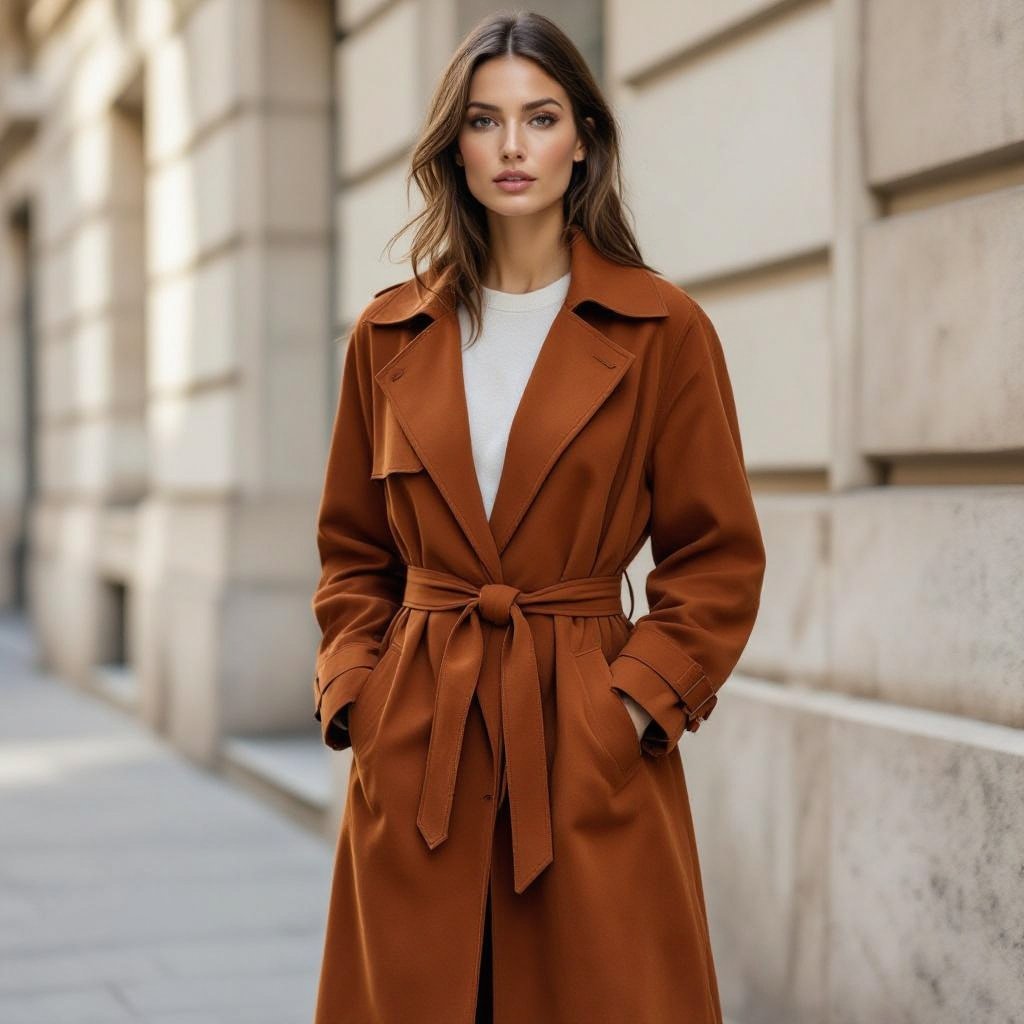 ترنچ کت بلند چاک دار قهوه ای سوخته با پارچه جیر غواصی
Minimalist fashion: Long burnt brown trench coat, dive suede fabric, clean lines, relaxed fit, simple cut, sleek design.