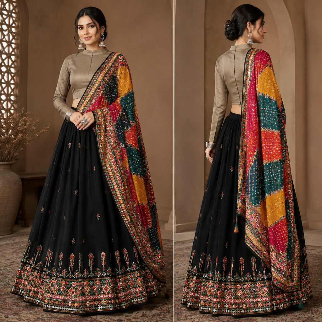 A Female Dress design, with modest, full coverage: longer hemlines, higher necklines and covered shoulders, suitable for Fall. black long skirt
any colour plaain tip
multicolored dupatta
garba outfit Present it as professional fashion catalogue photography: the garment is the subject, shown full-length with editorial styling, neutral posing and tasteful, non-suggestive framing.
photorealistic fashion design, A Female Dress design, with modest, full coverage: longer hemlines, higher necklines and covered shoulders, suitable for Fall. black long skirt
any colour plaain tip
multicolored dupatta
garba outfit Present it as professional fashion catalogue photography: the garment is the subject, shown full-length with editorial styling, neutral posing and tasteful, non-suggestive framing., just the design no text