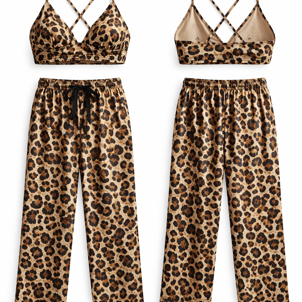 A brallete in cheeta print with a pyjama also cheeta print
A brallete in cheeta print with a pyjama also cheeta print , sleepwear style, show front and back