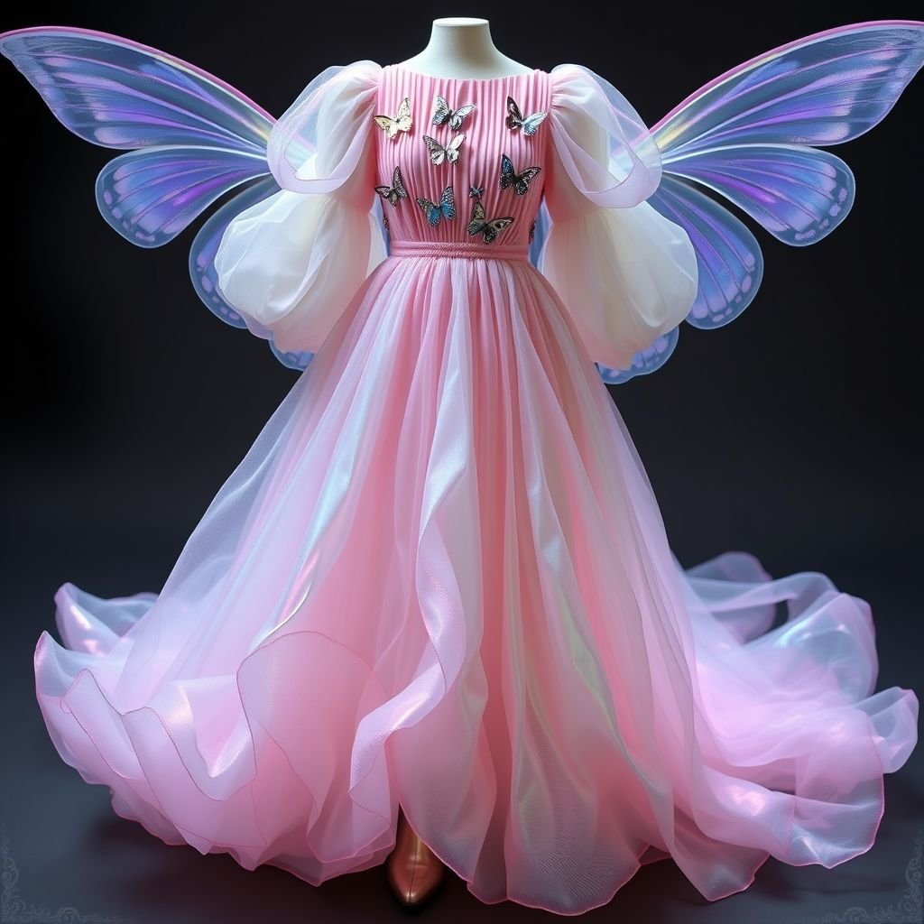 dress
Design a whimsical, floor-length gown featuring layers of iridescent organza in pastel hues. The bodice is intricately pleated, adorned with delicate, hand-sewn butterflies that seem to flutter. Muslin puff sleeves and a cinched waist enhance the ethereal silhouette. Elegantly paired with metallic ankle boots, this dress embodies dreamy sophistication for enchanted evenings.