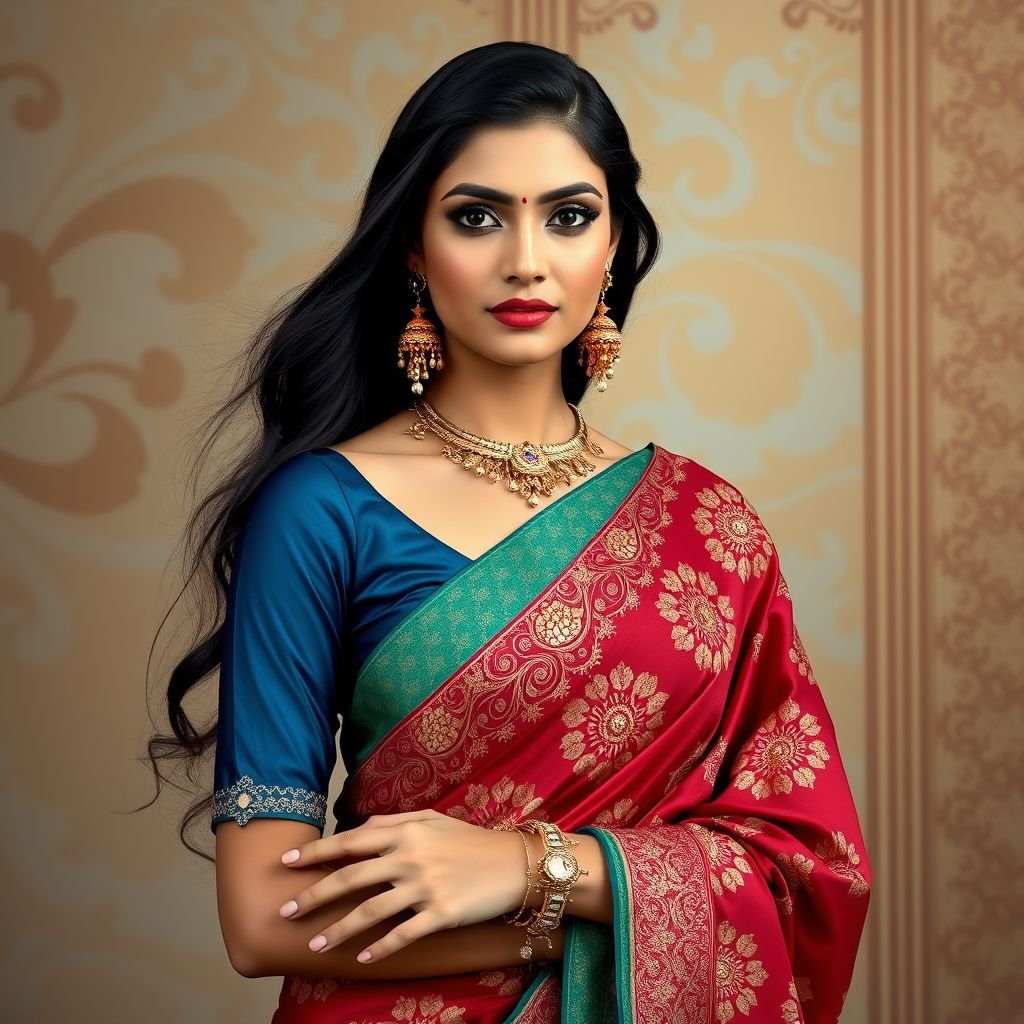 A stunningly beautiful fair-skinned Indian woman with long, silky black hair, expressive almond-shaped brown eyes, and a gentle smile. She is wearing traditional Indian attire, such as a richly embroidered saree or lehenga in vibrant colors like royal blue, ruby red, or emerald green. Her makeup is elegant and subtle, with a small red bindi on her forehead and gold jewelry including jhumkas (earrings) and bangles. The background is soft and warm—either plain white, a softly lit studio, or an elegant indoor setting with traditional Indian decor. She has a graceful posture, embodying charm and elegance.
Design a collection inspired by a stunning Indian woman with fair skin and long, silky black hair. Focus on luxurious sarees in royal blue, ruby red, and emerald green, showcasing intricate embroidery and delicate gold thread patterns. Pair with elegant jhumkas and bangles, transitioning from traditional to contemporary elegance. Create an ethereal backdrop of soft pastels or intricate Indian motifs, enhancing her graceful posture and charm. Infuse cultural elements with modern silhouettes, emphasizing textures like silk and chiffon. This fusion encapsulates a timeless beauty, blending heritage with fashion-forward style.