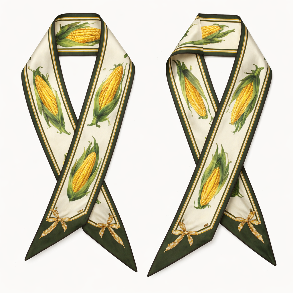 Design silk twilly 5x86cm with oblique edges
Super simple and tailored corn pattern. With a Ralph Lauren look but a feminine touch
Design silk twilly 5x86cm with oblique edges
Super simple and tailored corn pattern. With a Ralph Lauren look but a feminine touch, classic style, show front and back