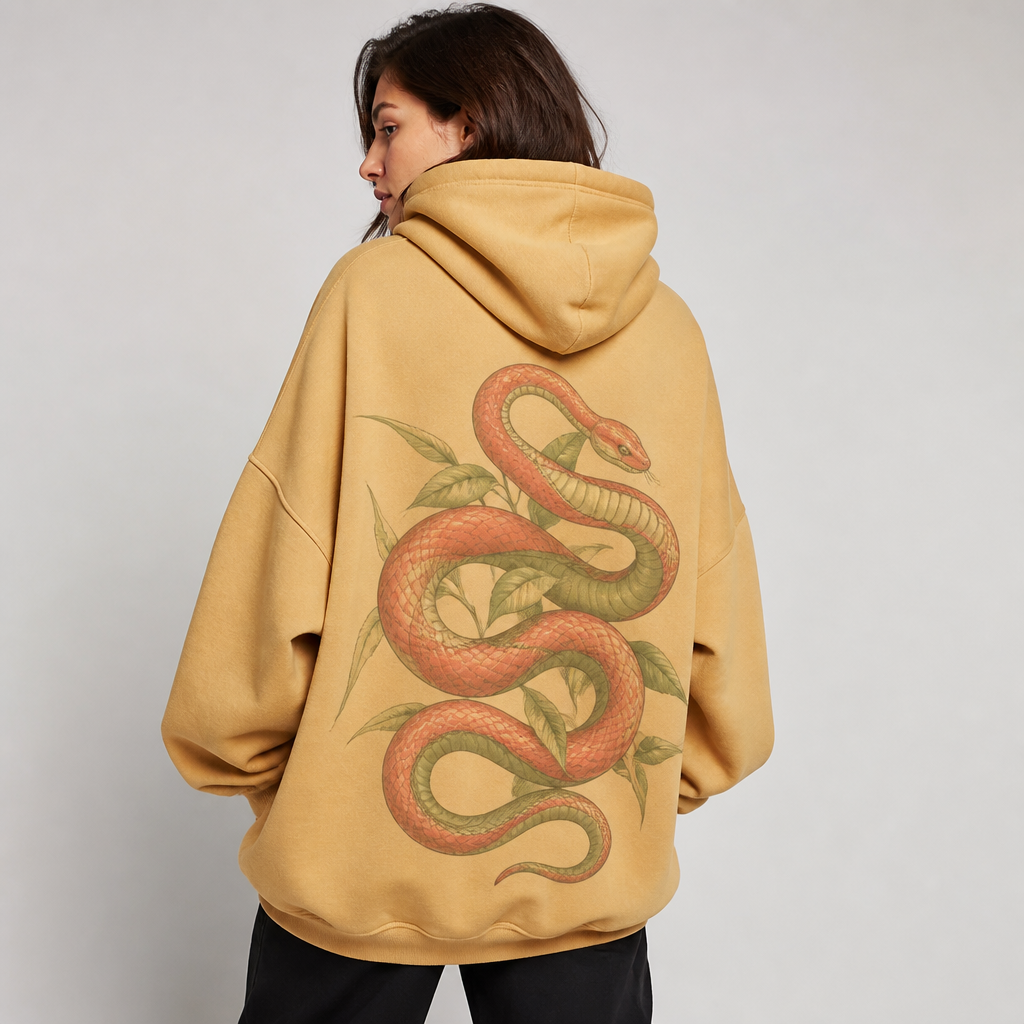 A female model
A baggy and oversized amber haze yellow sweatshirt with drawstrings and a hoodie and with a coral and sage green snake on the back
photorealistic fashion design, A female model
A baggy and oversized amber haze yellow sweatshirt with drawstrings and a hoodie and with a coral and sage green snake on the back, just the design no text