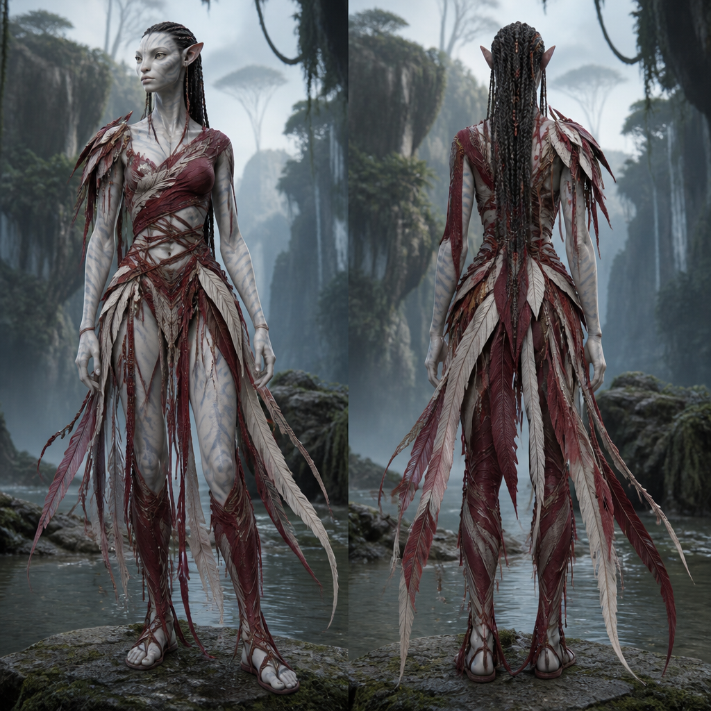 We are going to Pandora's rivers this time. I don't want it on the normal human model this time. I want you to use one of those blue long avatars as a model. And only the skin colour of the avatar will be different. I want the skin colour to be white and light gray. Use burgundy, red and off-white on your top and bottom clothes. ð« Chest area This is definitely the most striking part of the design. There is an asymmetrical, curved piece across the chest. In the drawing, it looks almost like a leafâor the curling frond of a plant from Pandora. It starts on one side, curves across the chest, and extends toward the other side. Beneath this piece, there are thin, crisscrossing layers that hug the torso. This gives the outfit an appearance that is simultaneously armor-like and textile-based. ð± Waist and hips The waist is quite narrow and form-fitting. From there, various sections of fabric continue downwards, layered and crisscrossed. Around the hips, there are leaf-like pieces that flare out to the sides. They seem designed to sway gently while walking or running. ðŠµ Legs The legs also feature long, form-fitting sections with crisscrossing lines that resemble vines. The area below the knees is particularly lovely; the outfit looks as though it has been wrapped around the leg with natural fibers. It gives off a total: âWarrior raised in the forests of Pandoraâ vibe. ðð¿ At the bottom, long, slender strips of fabric or fiber run down both legs, extending all the way to the ankles. ðŠ¶ Footwear The footwear is also very minimal. Instead of a classic boot that fully encloses the foot, it resembles an organic sandal-boot hybrid that wraps around the foot. It has a thin sole, and the upper part merges seamlessly with the material extending from the legs. This makes the entire outfit look like a single, cohesive piece. 𪶠Shoulders and back I would definitely keep the layers on the shoulders. To me, they are one of the key details that make the design feel âNaâvi, yet distinct.â There are a few thin layers cascading down from the shoulders. These are: * feathers, * leaves, * thin leather, * woven fibers And it would look incredibly beautiful if some of them transformed into long, flowing ribbons at the back.
photorealistic fashion design, We are going to Pandora's rivers this time. I don't want it on the normal human model this time. I want you to use one of those blue long avatars as a model. And only the skin colour of the avatar will be different. I want the skin colour to be white and light gray. Use burgundy, red and off-white on your top and bottom clothes. ð« Chest area This is definitely the most striking part of the design. There is an asymmetrical, curved piece across the chest. In the drawing, it looks almost like a leafâor the curling frond of a plant from Pandora. It starts on one side, curves across the chest, and extends toward the other side. Beneath this piece, there are thin, crisscrossing layers that hug the torso. This gives the outfit an appearance that is simultaneously armor-like and textile-based. ð± Waist and hips The waist is quite narrow and form-fitting. From there, various sections of fabric continue downwards, layered and crisscrossed. Around the hips, there are leaf-like pieces that flare out to the sides. They seem designed to sway gently while walking or running. ðŠµ Legs The legs also feature long, form-fitting sections with crisscrossing lines that resemble vines. The area below the knees is particularly lovely; the outfit looks as though it has been wrapped around the leg with natural fibers. It gives off a total: âWarrior raised in the forests of Pandoraâ vibe. ðð¿ At the bottom, long, slender strips of fabric or fiber run down both legs, extending all the way to the ankles. ðŠ¶ Footwear The footwear is also very minimal. Instead of a classic boot that fully encloses the foot, it resembles an organic sandal-boot hybrid that wraps around the foot. It has a thin sole, and the upper part merges seamlessly with the material extending from the legs. This makes the entire outfit look like a single, cohesive piece. 𪶠Shoulders and back I would definitely keep the layers on the shoulders. To me, they are one of the key details that make the design feel âNaâvi, yet distinct.â There are a few thin layers cascading down from the shoulders. These are: * feathers, * leaves, * thin leather, * woven fibers And it would look incredibly beautiful if some of them transformed into long, flowing ribbons at the back., just the design no text