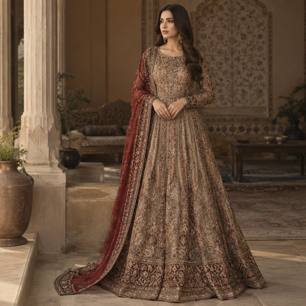 A Female Lehenga design, suitable for Fall. Consider Pakistani fashion — shalwar kameez, gharara, sharara; lawn fabrics, chiffon; intricate embroidery and mirror work. Current season is Autumn in Pakistan. Present it as professional fashion catalogue photography: the garment is the subject, shown full-length with editorial styling, neutral posing and tasteful, non-suggestive framing.
photorealistic fashion design, A Female Lehenga design, suitable for Fall. Consider Pakistani fashion — shalwar kameez, gharara, sharara; lawn fabrics, chiffon; intricate embroidery and mirror work. Current season is Autumn in Pakistan. Present it as professional fashion catalogue photography: the garment is the subject, shown full-length with editorial styling, neutral posing and tasteful, non-suggestive framing., just the design no text