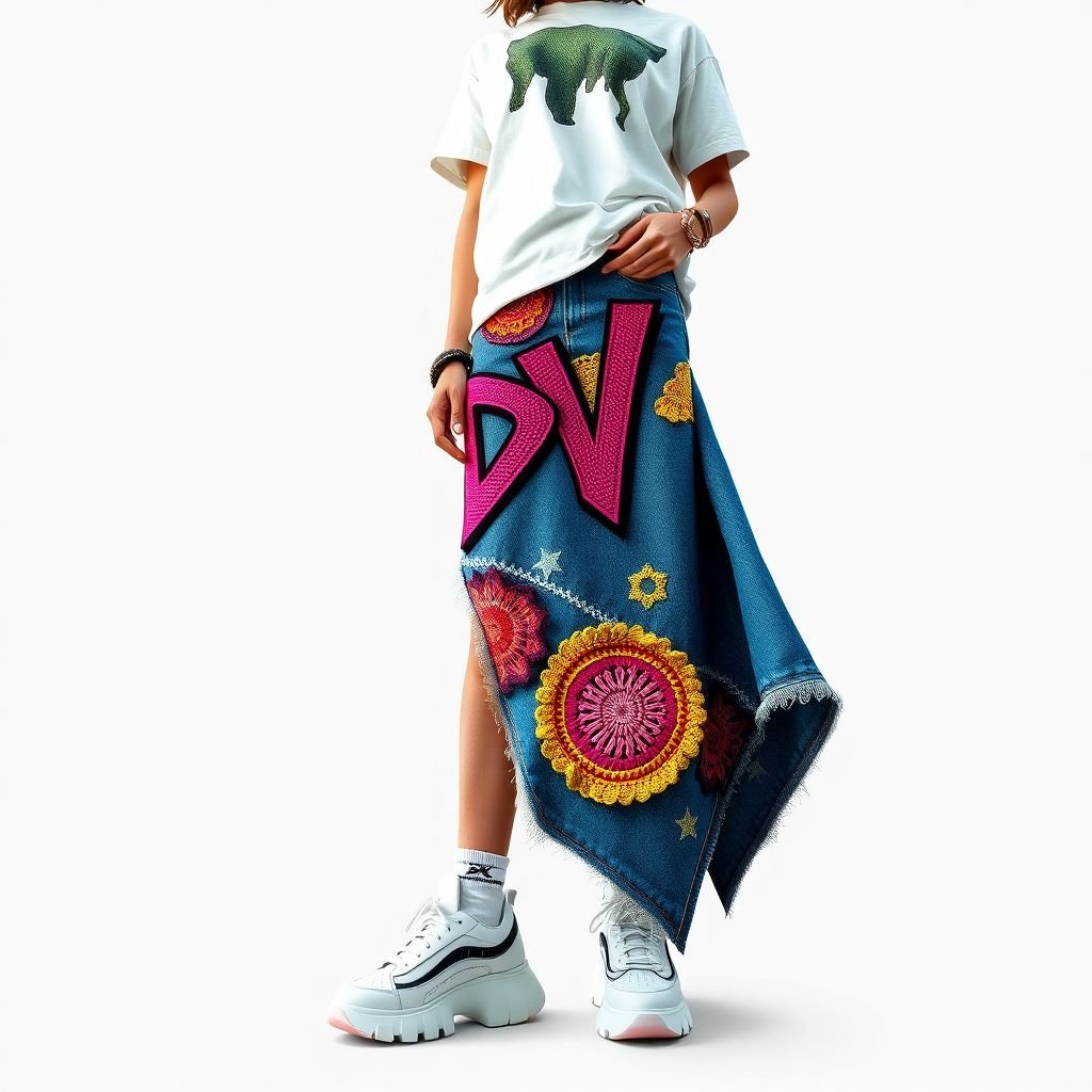 Midi denim skirt with crochet patches on it, with “DV” somewhere on it
Design an edgy midi denim skirt, featuring vibrant crochet patches that celebrate urban art. Infuse a bold "DV" logo in graffiti style, strategically placed to align with the skirt’s asymmetrical cut. Pair it with an oversized graphic tee, chunky sneakers, and statement accessories for a dynamic streetwear vibe that commands attention.