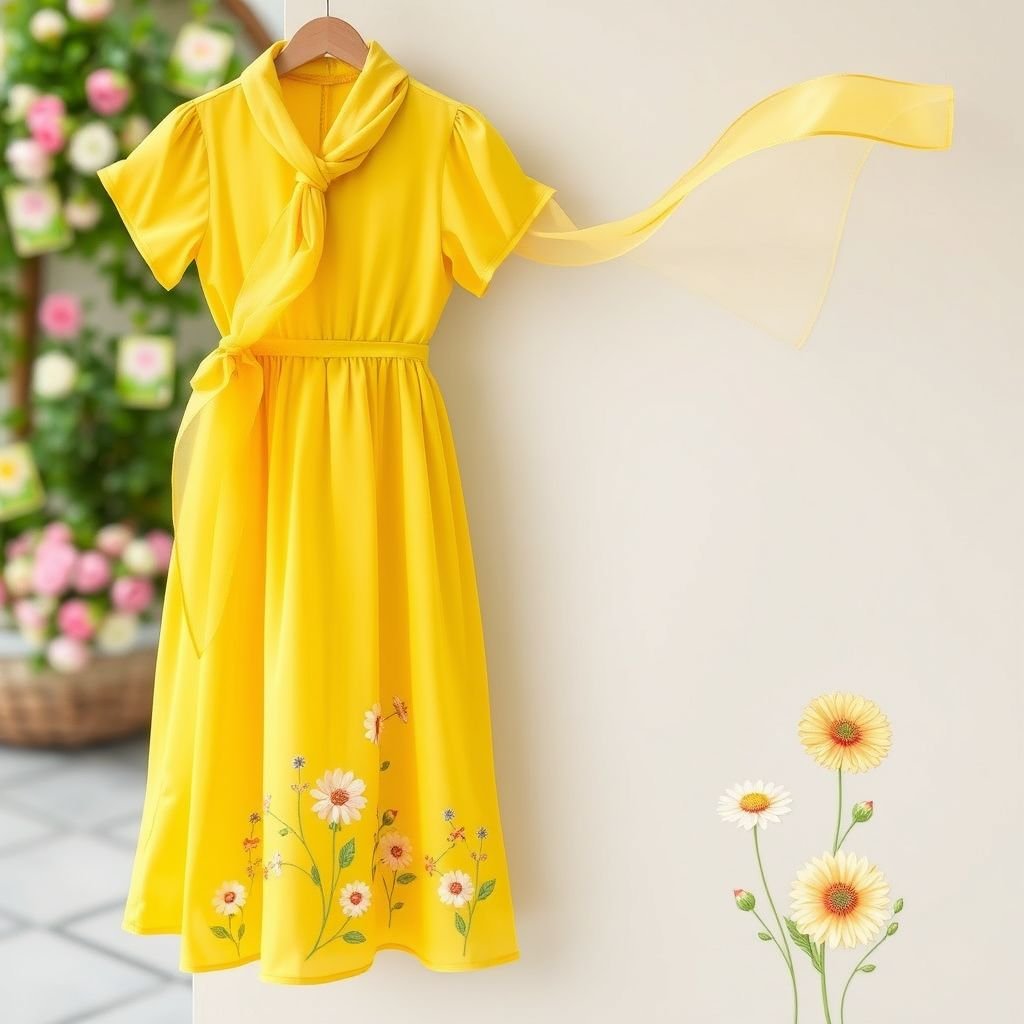 Yellow dress with chiffon scarf that is waisted with your flain from below, lightly embroidered in summer colours
Design a whimsical summer dress in vibrant sunshine yellow, featuring a gentle A-line silhouette. Adorned with a flowing chiffon scarf, the waist highlights a flattering flair cascading gently below. Delicate embroidery of pastel flowers dances across the fabric, evoking a garden vibe, perfect for outdoor festivities and sunny picnics.