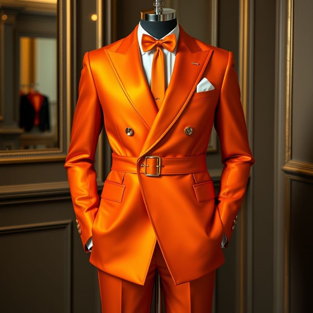 Men’s orange shiny suit, with long belt that wraps around and hangs long on side, slim fit, with “DV” on it. Mens Tuxedos Double Breasted Groom Wear For Wedding Male Party Blazer Customized Streetwear 2 Pieces
Design a men’s elegant orange shiny tuxedo, tailored for a slim fit. This double-breasted blazer features a luxurious long belt that gracefully wraps around and drapes artfully at the side. Adorned with subtle "DV" initials, this sophisticated ensemble blends classic wedding wear with modern streetwear flair, perfect for upscale events.
