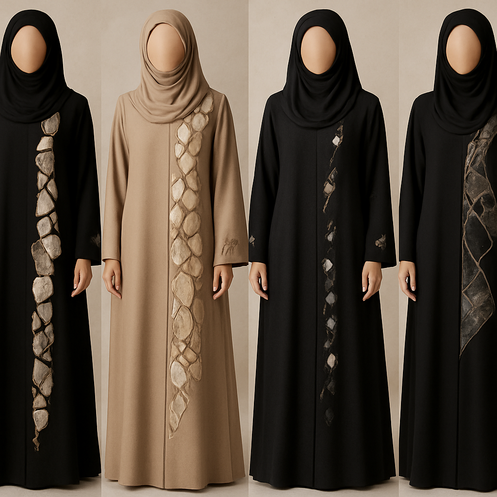 Create a modest abaya, the first of its kind, featuring a unique stone design that exudes a classy and sophisticated vibe. I'd like four designs, each showcasing different styles and fabrics. Incorporate high-end, unique chic stone designs to make them truly special. Add little sophisticated stone designs. Make it irresistible for customers
Create a modest abaya, the first of its kind, featuring a unique stone design that exudes a classy and sophisticated vibe. I'd like four designs, each showcasing different styles and fabrics. Incorporate high-end, unique chic stone designs to make them truly special. Add little sophisticated stone designs. Make it irresistible for customers