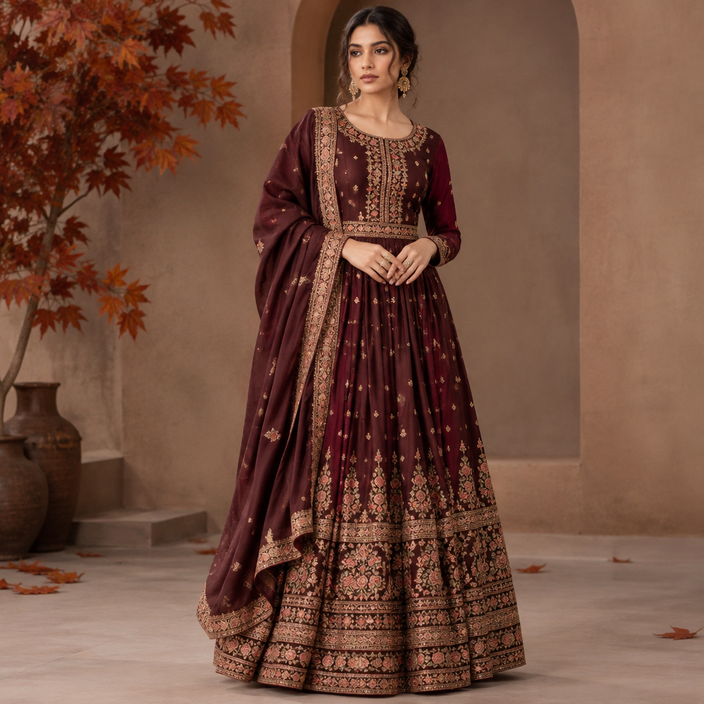 A Female Dress design, suitable for Fall. Consider Indian fashion aesthetics — consider saree, lehenga, salwar kameez, kurti, anarkali; local fabrics like chanderi, banarasi, chikankari, block prints; vibrant colors and rich embroidery. Current season is Autumn in India. Present it as professional fashion catalogue photography: the garment is the subject, shown full-length with editorial styling, neutral posing and tasteful, non-suggestive framing.
photorealistic fashion design, A Female Dress design, suitable for Fall. Consider Indian fashion aesthetics — consider saree, lehenga, salwar kameez, kurti, anarkali; local fabrics like chanderi, banarasi, chikankari, block prints; vibrant colors and rich embroidery. Current season is Autumn in India. Present it as professional fashion catalogue photography: the garment is the subject, shown full-length with editorial styling, neutral posing and tasteful, non-suggestive framing., just the design no text