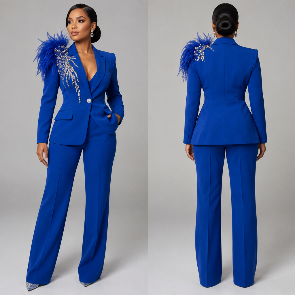 Power suit for ladies in royal blue with diamante detail and feathers on the left side of the chest and shoulder
photorealistic fashion design, Power suit for ladies in royal blue with diamante detail and feathers on the left side of the chest and shoulder , glamorous style, just the design no text, show front and back