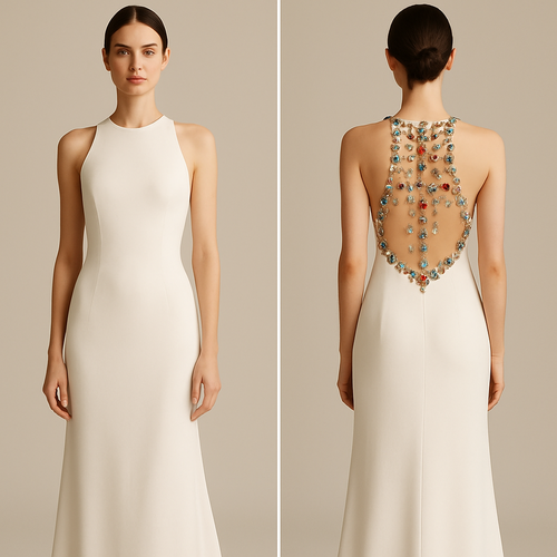 Elegant white dress that reaches the neck with tank top sleeves and the bare back decorated with coloured precious stones