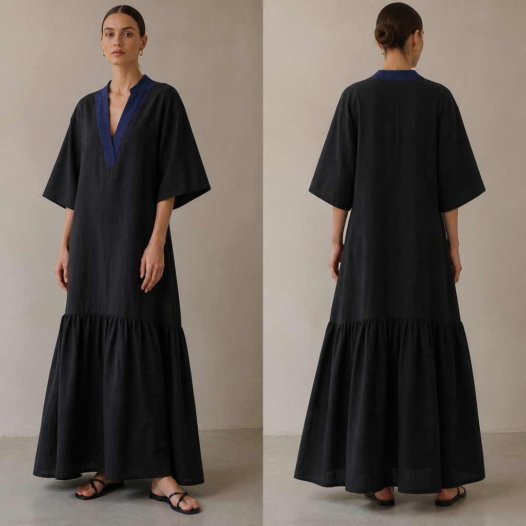 A Female Dress design, made of Linen, for Party, suitable for Summer, in Minimalist style. beautiful relaxed minimal dress for a party it is long the neckline of the dress is deep blue the rest is black.
there is a relaxed gathering from the knees. the sleeve a little bit middle Way it is structured oversized loose. the dress is floating. Design with modest coverage.
photorealistic fashion design, A Female Dress design, made of Linen, for Party, suitable for Summer, in Minimalist style. beautiful relaxed minimal dress for a party it is long the neckline of the dress is deep blue the rest is black.
there is a relaxed gathering from the knees. the sleeve a little bit middle Way it is structured oversized loose. the dress is floating. Design with modest coverage., minimalist style, just the design no text, show front and back