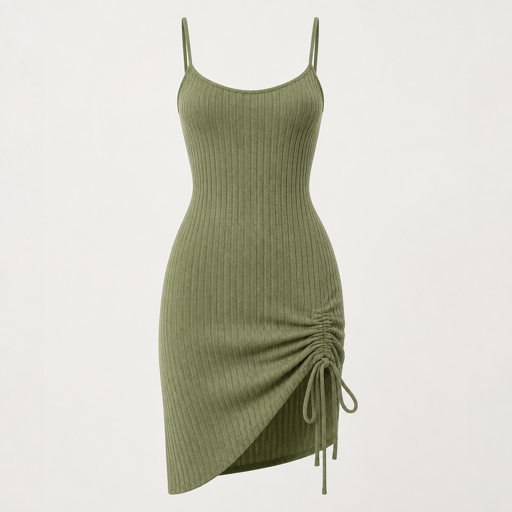A Female Dress design, made of Cotton, for Casual, suitable for Fall, in Casual + Tropical + Knitwear style. green, noodle strap, ribbed knit pattern, ties on bottom left
photorealistic fashion design, A Female Dress design, made of Cotton, for Casual, suitable for Fall, in Casual + Tropical + Knitwear style. green, noodle strap, ribbed knit pattern, ties on bottom left, casual style, just the design no text