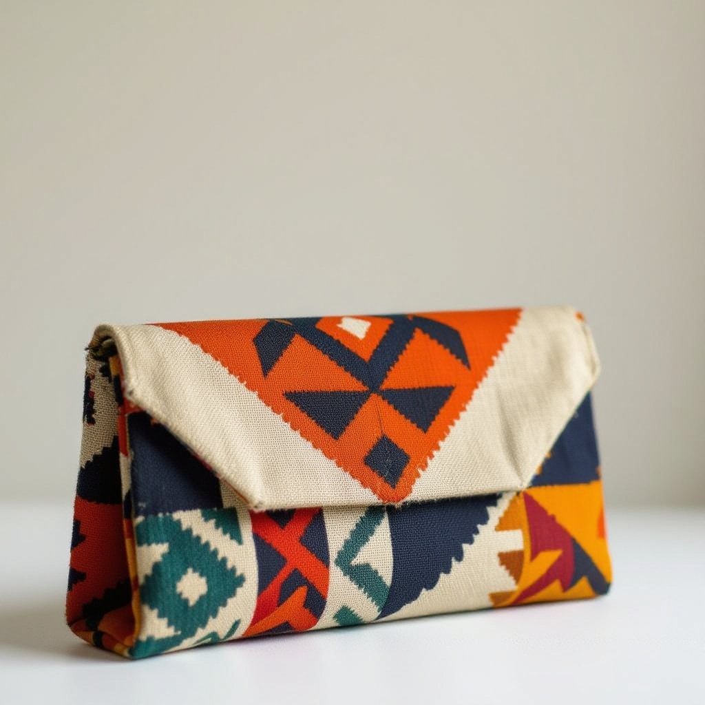 Women’s small clutch bag with an unconventional geometric silhouette in lightweight linen, inspired by South American heritage prints. Sustainable craftsmanship with sharp angular panels, vibrant hand-dyed accents, and an artistic, sculptural shape. Showcased on a plain white studio background with clean lighting.”
Vintage fashion: Vintage women's small clutch bag, linen, South American prints. Geometric silhouette, angular panels, hand-dyed. Plain white studio background, clean lighting.