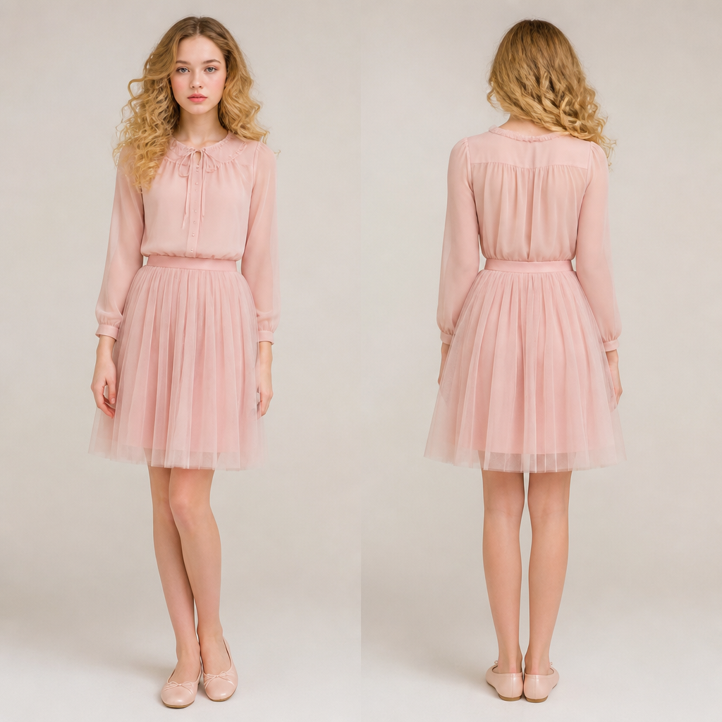 A European 16 year old teenage girl with blonde big curled hair has a ballet pink tulle skirt and a ballet pink blouse and ballet pink normal ballerina shoes and the outfit is School appropriate
photorealistic fashion design, A European 16 year old teenage girl with blonde big curled hair has a ballet pink tulle skirt and a ballet pink blouse and ballet pink normal ballerina shoes and the outfit is School appropriate , balletcore style, just the design no text, show front and back