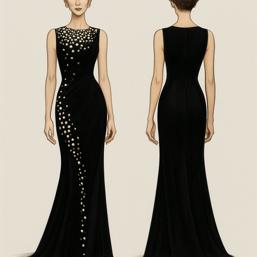 Long black dress with pearls on the chest and then it goes down to the left side to the end of the dress 
Add more pearls