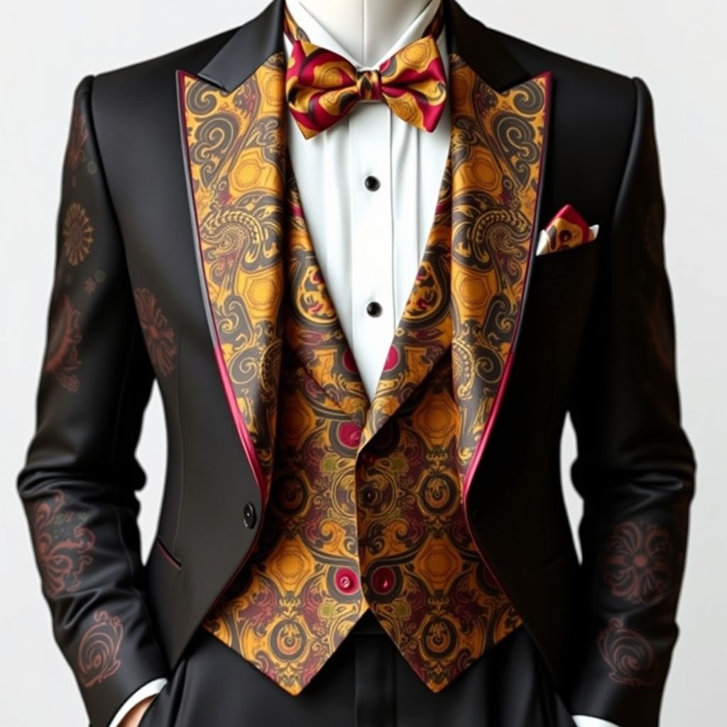 Design a formal wear using African prints
Craft an elegant tuxedo featuring rich African prints, intertwining traditional patterns with modern tailoring. The jacket boasts a sharp, structured silhouette, while the trousers are tapered for a contemporary finish. Incorporate luxurious silk lapels in vibrant colors, and adorn with a sleek, patterned bow tie to elevate this distinguished formal ensemble.