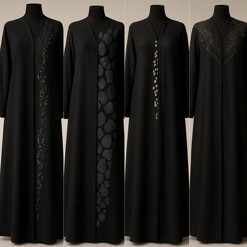 Create me modest abaya that's first in the world, using unique stone design, classy and sophisticated. Keep me 4 designs. Make them rich by adding minimal stone embroidery and stones designs. Showcasing different styles and fabric.
