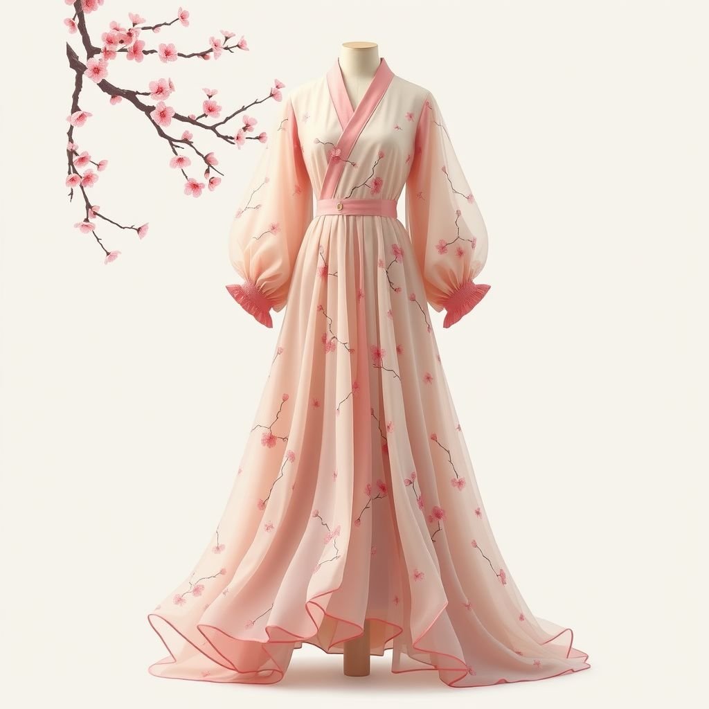 I want a modest dress Japanese cultures pink details and cherry blossoms and little of gold circles ( no need for hijab)
Create a flowing, modest dress inspired by feminincore fashion, infused with Japanese cultural elements. Incorporate delicate pink details and a soft cherry blossom print, with subtle gold circle accents adding a hint of opulence. Emphasize feminine silhouettes and layered textures for an enchanting, ethereal look that celebrates femininity and grace.