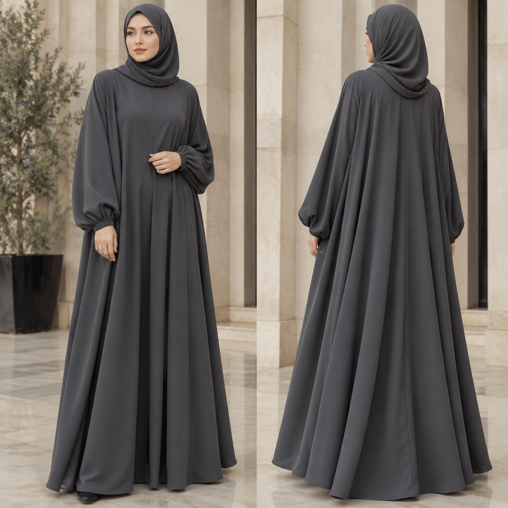 A Female Dress design, with modest, full coverage: longer hemlines, higher necklines and covered shoulders, suitable for Fall. عبائة مشدودة بأستك في معصم اليد بلون رمادي غامق دوبل كلوش بدون أي زخارف تكون واسعة وتصميم شتوي شرعي ١٠٠٪ وأنيق للنساء في الخروج Present it as professional fashion catalogue photography: the garment is the subject, shown full-length with editorial styling, neutral posing and tasteful, non-suggestive framing.
photorealistic fashion design, A Female Dress design, with modest, full coverage: longer hemlines, higher necklines and covered shoulders, suitable for Fall. عبائة مشدودة بأستك في معصم اليد بلون رمادي غامق دوبل كلوش بدون أي زخارف تكون واسعة وتصميم شتوي شرعي ١٠٠٪ وأنيق للنساء في الخروج Present it as professional fashion catalogue photography: the garment is the subject, shown full-length with editorial styling, neutral posing and tasteful, non-suggestive framing., just the design no text
