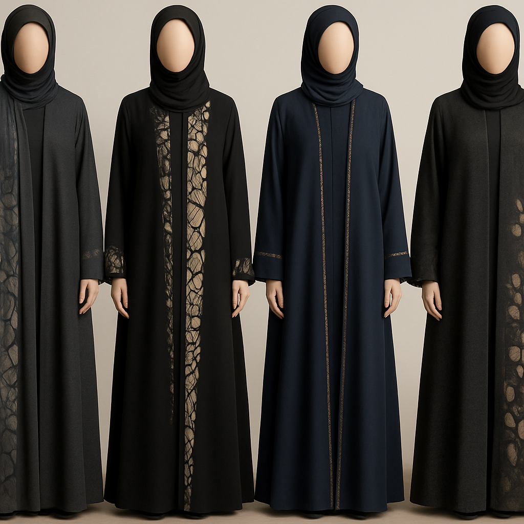 Create a modest two piece abaya that's the first of its kind, featuring a unique stone design that exudes a classy and sophisticated vibe. I'd like four designs, each showcasing different styles and fabrics.Incorporate high-end, unique chic stone designs to make them truly special. And add little cute touch of sophisticated stone designs.

Create a modest two piece abaya that's the first of its kind, featuring a unique stone design that exudes a classy and sophisticated vibe. I'd like four designs, each showcasing different styles and fabrics.Incorporate high-end, unique chic stone designs to make them truly special. And add little cute touch of sophisticated stone designs.