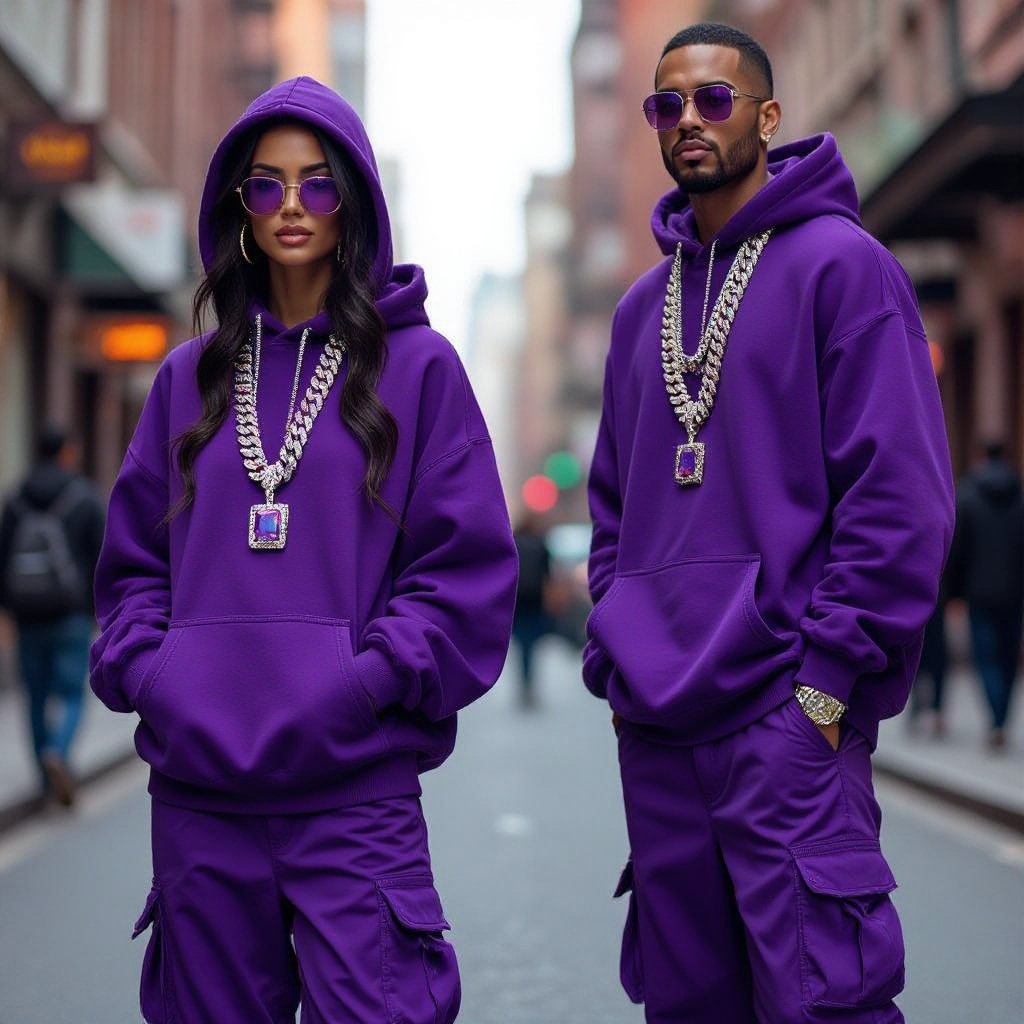 Various shades of purple and hues of iridescent shimmers in the jewelry
Streetwear fashion: Purple gemstones and iridescent shimmer in the cuban link chain and grill, styled with a purple oversized hoodie and matching cargo pants.