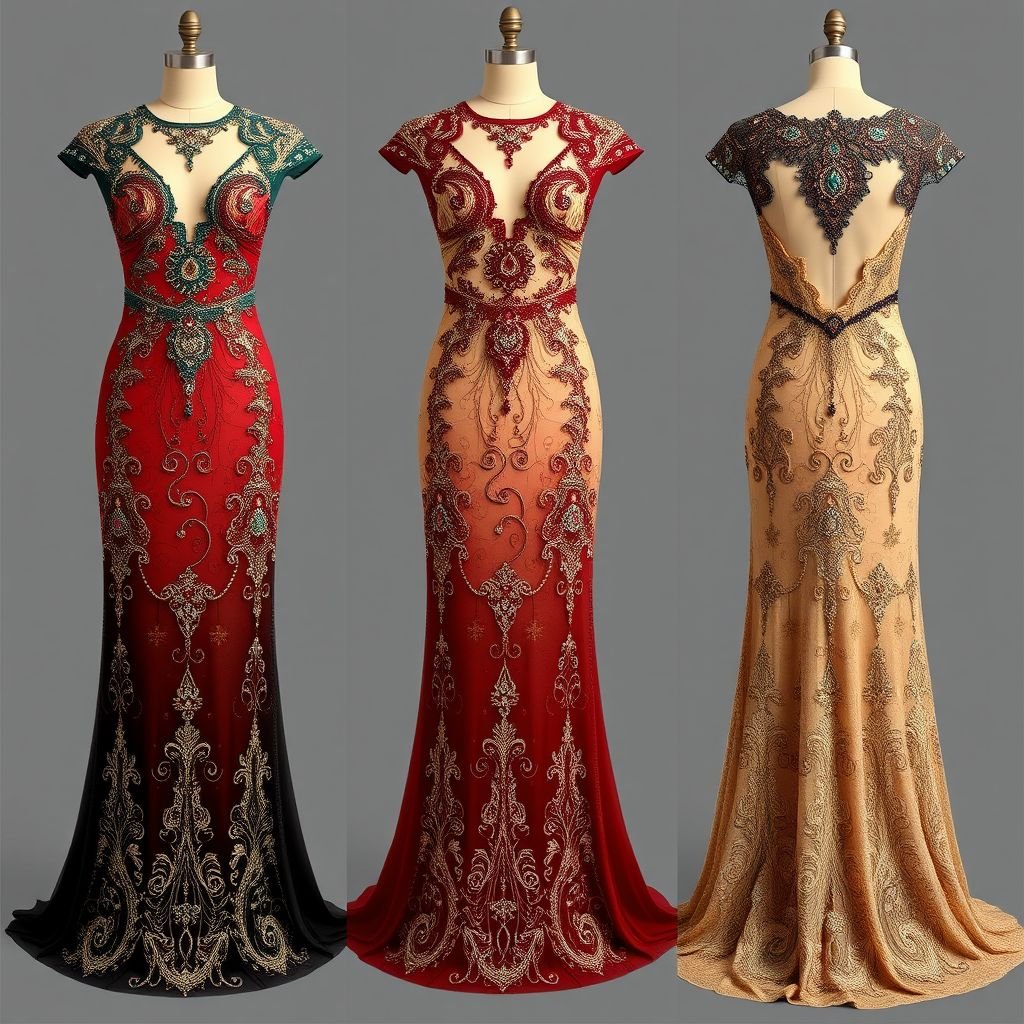 I want a long richly beaded dress with 3d structures I want 3 option and all full length . around the shoulder and hip
Design three options for a full-length vintage-inspired dress, each adorned with intricate beadwork that captures the opulence of the 1920s. Emphasize three-dimensional fabric structures around the shoulders and hips, incorporating rich, jewel-toned fabrics and delicate lace overlays. Opt for a flattering silhouette that embodies timeless elegance and high glamour.