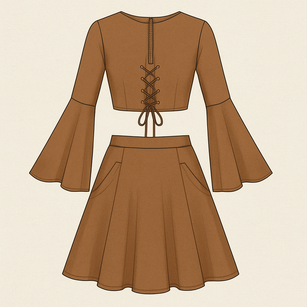 I want a two piece set, the top should have flared sleeves, zipper at the back, lace up tightening, and the skirt with pockets and flared
I want a two piece set, the top should have flared sleeves, zipper at the back, lace up tightening, and the skirt with pockets and flared