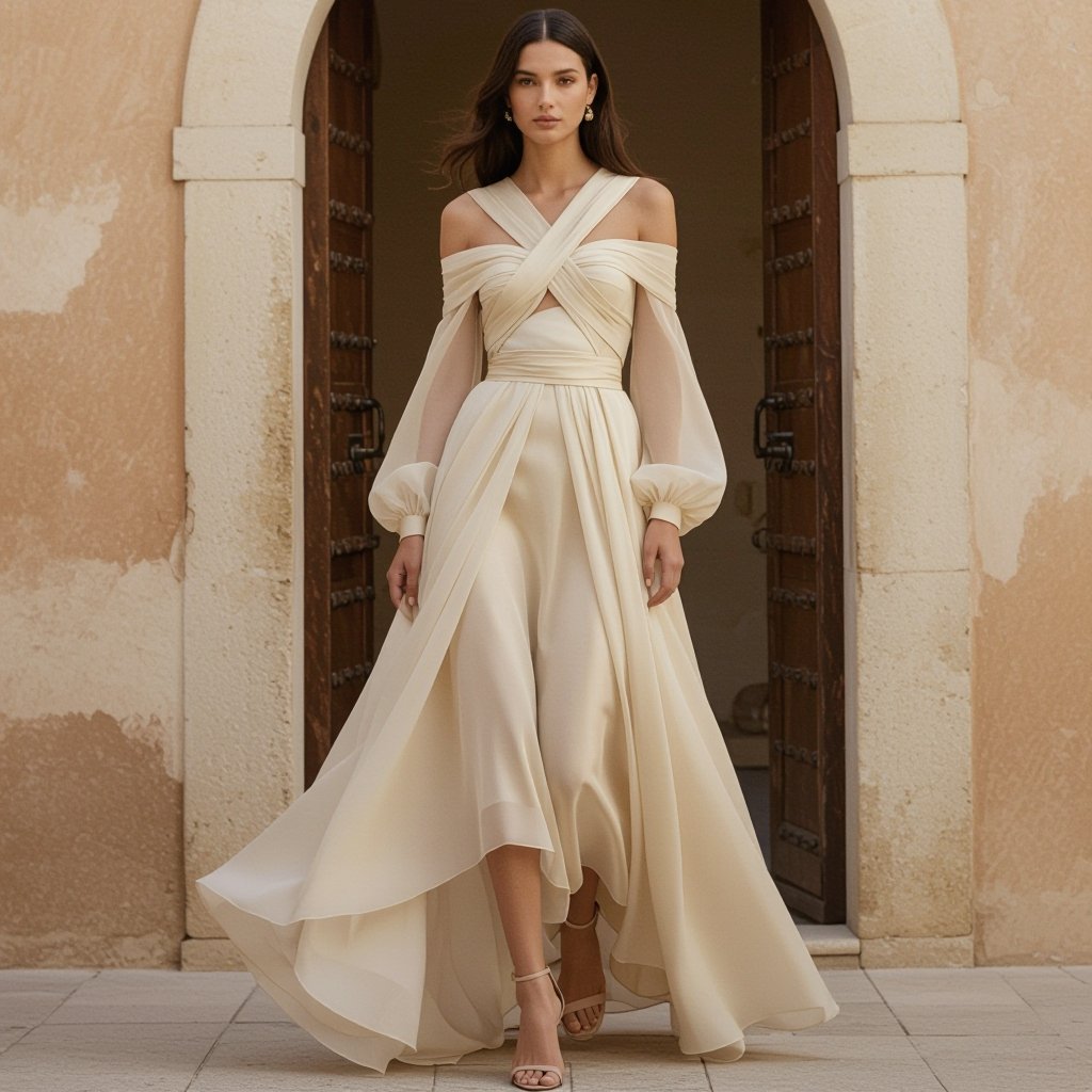 Sugary beige colored dress crosse waist with an open top with sheer light skirt and off shoulder
Sugary beige silk-blend satin dress with a cross-waist, open-top bodice, sheer light georgette skirt, and off-shoulder long sleeves.