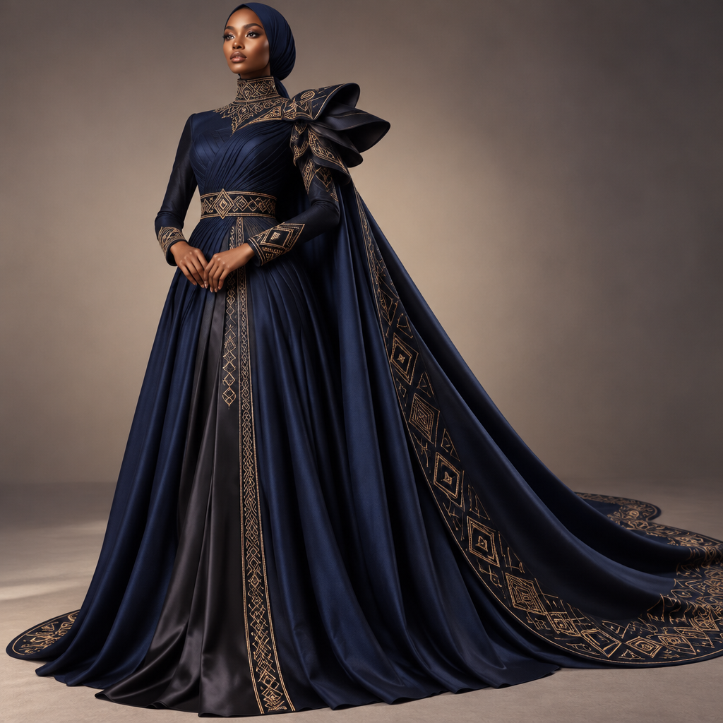 Create an original high-fashion modest couture gown called “The Hero,” designed as the final and most unforgettable piece of the collection.
Create a dramatic floor-length gown with a beautifully sculpted but graceful silhouette, long elegant sleeves, and a high neckline. The bodice should feature sophisticated architectural pleating that flows naturally into the waist and skirt.
The main statement feature should be a large, elegant sculptural shoulder detail that extends backward into a flowing train-like cape. The cape should move beautifully behind the wearer while remaining lightweight and graceful.
Use luxurious midnight blue fabric with subtle black satin panels and delicate champagne-gold embroidery inspired by elegant African geometric patterns. Keep the embroidery refined and concentrated around the neckline, cuffs, waist, and edges of the cape.
The gown should look powerful, feminine, regal, modern, and extremely expensive without becoming costume-like. It should feel like a signature design that could represent an entire fashion brand.
Fully modest: no slit, no transparency, no exposed midriff, no deep neckline, and no excessive decoration.
Present it as a realistic professional couture fashion design, full-body view, clean studio background, elegant dramatic lighting, highly detailed fabric texture, stitching, pleating, and garment construction. Show the front clearly while allowing the cape and sculptural shoulder detail to be visible. No text, no logos, no watermark.
photorealistic fashion design, Create an original high-fashion modest couture gown called “The Hero,” designed as the final and most unforgettable piece of the collection.
Create a dramatic floor-length gown with a beautifully sculpted but graceful silhouette, long elegant sleeves, and a high neckline. The bodice should feature sophisticated architectural pleating that flows naturally into the waist and skirt.
The main statement feature should be a large, elegant sculptural shoulder detail that extends backward into a flowing train-like cape. The cape should move beautifully behind the wearer while remaining lightweight and graceful.
Use luxurious midnight blue fabric with subtle black satin panels and delicate champagne-gold embroidery inspired by elegant African geometric patterns. Keep the embroidery refined and concentrated around the neckline, cuffs, waist, and edges of the cape.
The gown should look powerful, feminine, regal, modern, and extremely expensive without becoming costume-like. It should feel like a signature design that could represent an entire fashion brand.
Fully modest: no slit, no transparency, no exposed midriff, no deep neckline, and no excessive decoration.
Present it as a realistic professional couture fashion design, full-body view, clean studio background, elegant dramatic lighting, highly detailed fabric texture, stitching, pleating, and garment construction. Show the front clearly while allowing the cape and sculptural shoulder detail to be visible. No text, no logos, no watermark., just the design no text
