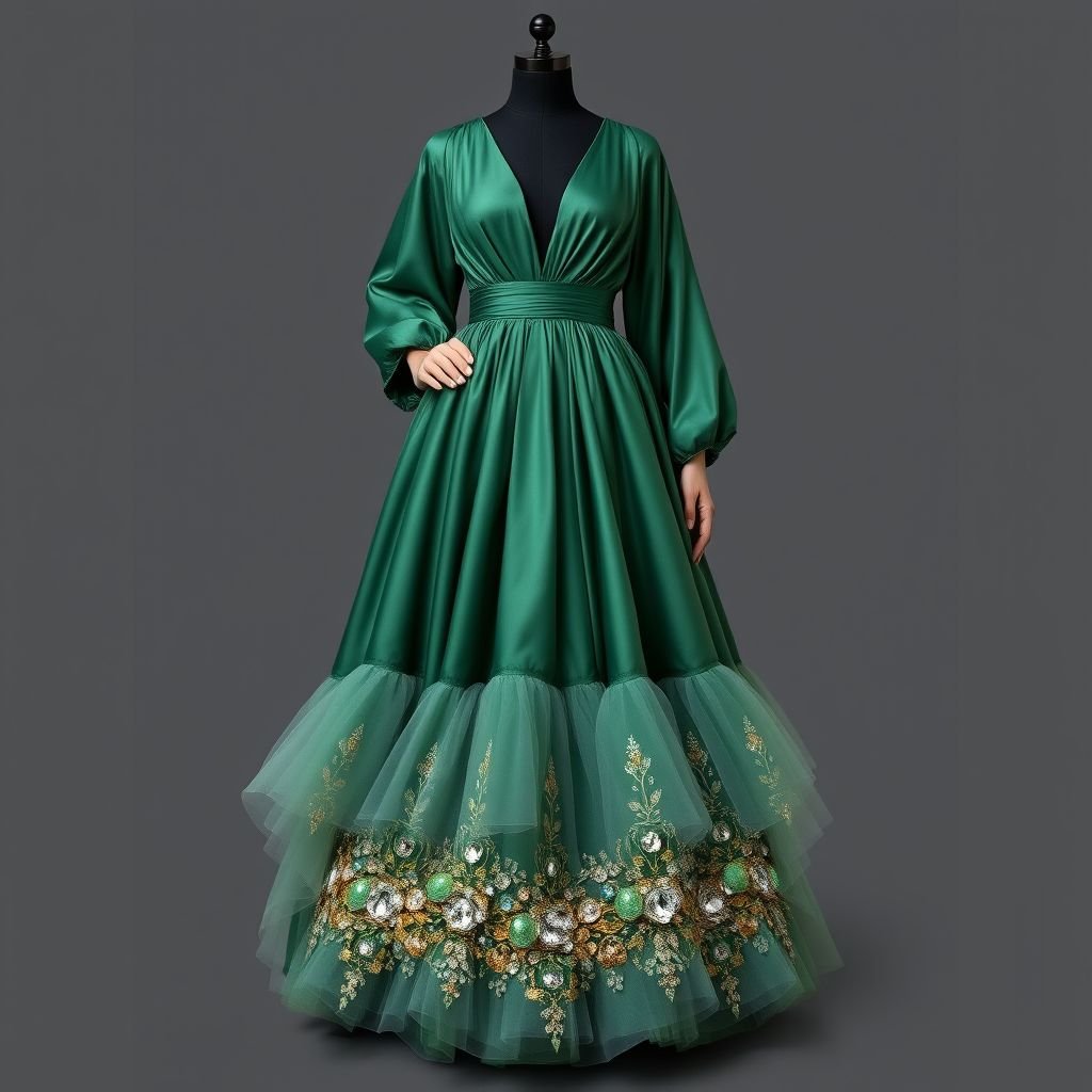 Create a woman’s kaftan that would wow. Add layers of fabric to create a big skirt but also add structure by ruching the waist. Give it a low neckline, and a monochrome hunter green color. Add details of ruched tulle and an accent of 6 inches ab crystals on a gold and green base to create a luxurious detail to the dress. The base fabric is duchess satin in hunter green
Design an extravagant women’s kaftan in luxurious hunter green duchess satin, featuring an opulent layered skirt. The structured, ruched waist enhances elegance, while a daringly low neckline adds allure. Embellish with ethereal ruched tulle cascading from the waist, and adorn the hem with 6-inch AB crystals on a lavish gold and green base for a truly mesmerizing effect.