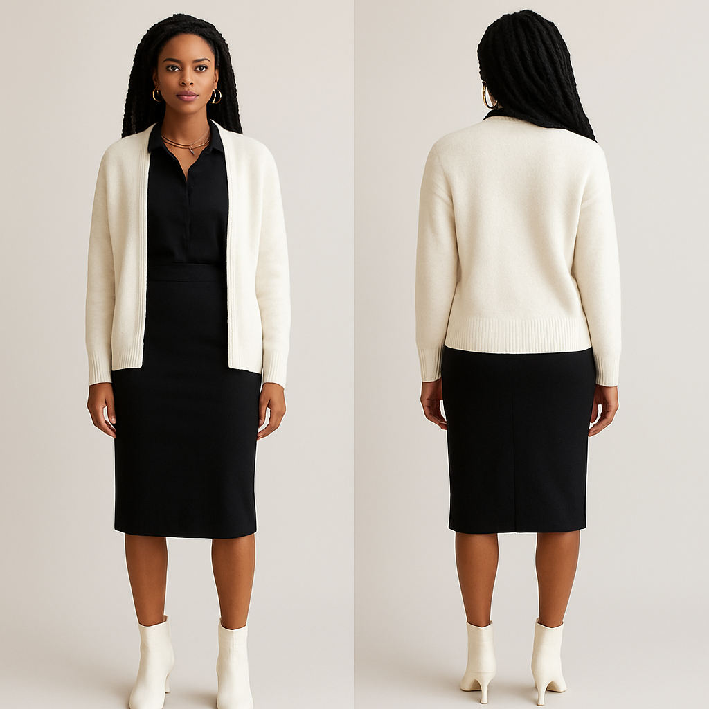 Black shirt
Pencil skirt
White cardigan
White boot heels
Faux locs
Gold chain gold earrings
Black shirt
Pencil skirt
White cardigan
White boot heels
Faux locs
Gold chain gold earrings
, show front and back