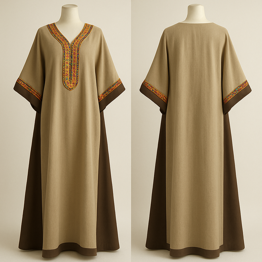 A stylish kaftan with beige and chocolate brown color with orange, pink, and green beads at the the neck line and the edges of the sleeve
A stylish kaftan with beige and chocolate brown color with orange, pink, and green beads at the the neck line and the edges of the sleeve , classic style, show front and back