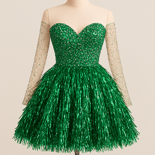 Short pageant style Christmas’s dress with green tinsel fringe as the full made skirt, the top of the dress with a sweetheart neckline fully rhinestones in a matching green, and add rhinestones open mesh sleeves that are off the shoulder 