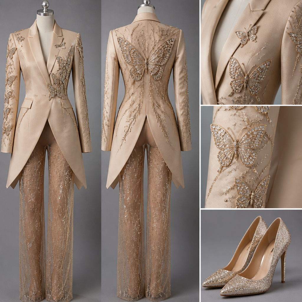 No model champagne Lapel blazer with a beaded butterfly and sequins see through in the back of the jacket and on the front add a applied a about four medium size butterflies going down the sleeves of one arm and two on the front top and side with matching see through pants matching and make the blazer long . With a full sequin pump In Champagne color
photorealistic fashion design, No model champagne Lapel blazer with a beaded butterfly and sequins see through in the back of the jacket and on the front add a applied a about four medium size butterflies going down the sleeves of one arm and two on the front top and side with matching see through pants matching and make the blazer long . With a full sequin pump In Champagne color , just the design no text