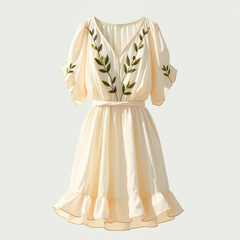 שמלה קיצית בסטייל קליל יווני
Imagine a breezy summer dress in a light, flowing fabric that drapes gracefully. The design features delicate ruffles along the hem and soft, asymmetric sleeves, evoking ancient Greek elegance. Adorned with embroidered olive branches and a cinched waist, this ethereal garment embodies effortless charm and celebrates the warmth of sun-kissed days.