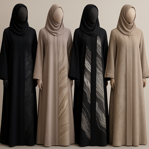 Create a modest abaya, first of its kind, featuring a unique stone design that exudes a classy and sophisticated vibe. I'd like four designs, each showcasing different styles and fabrics. Incorporate high-end, unique chic stone designs to make them truly special. Add little sophisticated stone designs. Make it irresistible for customers 