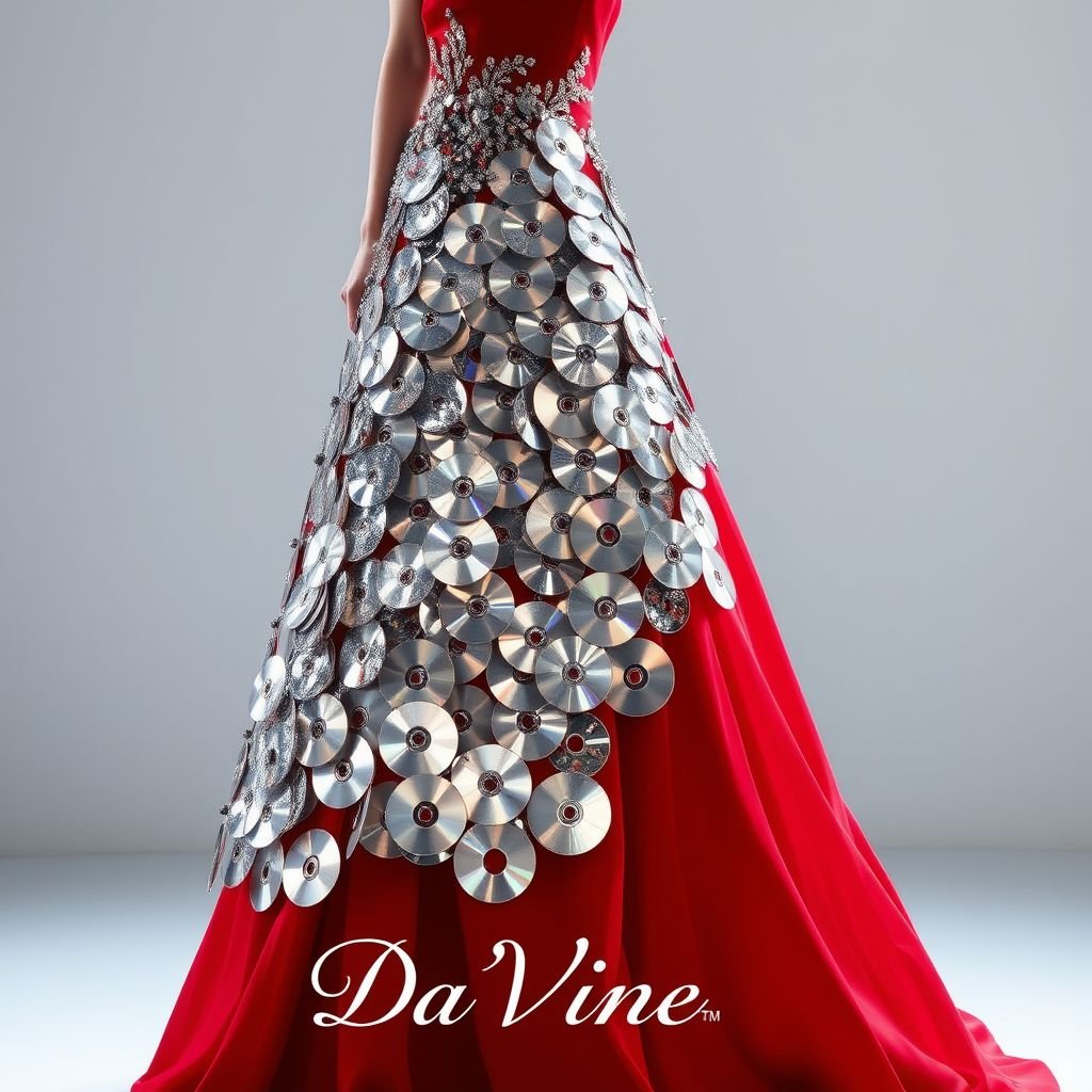 Create me a fashion, runway, beautiful red dress, with the whole bottom made with silver CD’s. Put “Da’Vine” in the bottom left corner
Design an elegant runway masterpiece featuring a stunning, floor-length red dress that seamlessly flows into a mesmerizing skirt crafted entirely from shimmering silver CDs. The CD embellishments catch the light, creating an ethereal effect. Adorn the design with delicate silver embroidery and finish with “Da’Vine” elegantly inscribed in the bottom left corner.