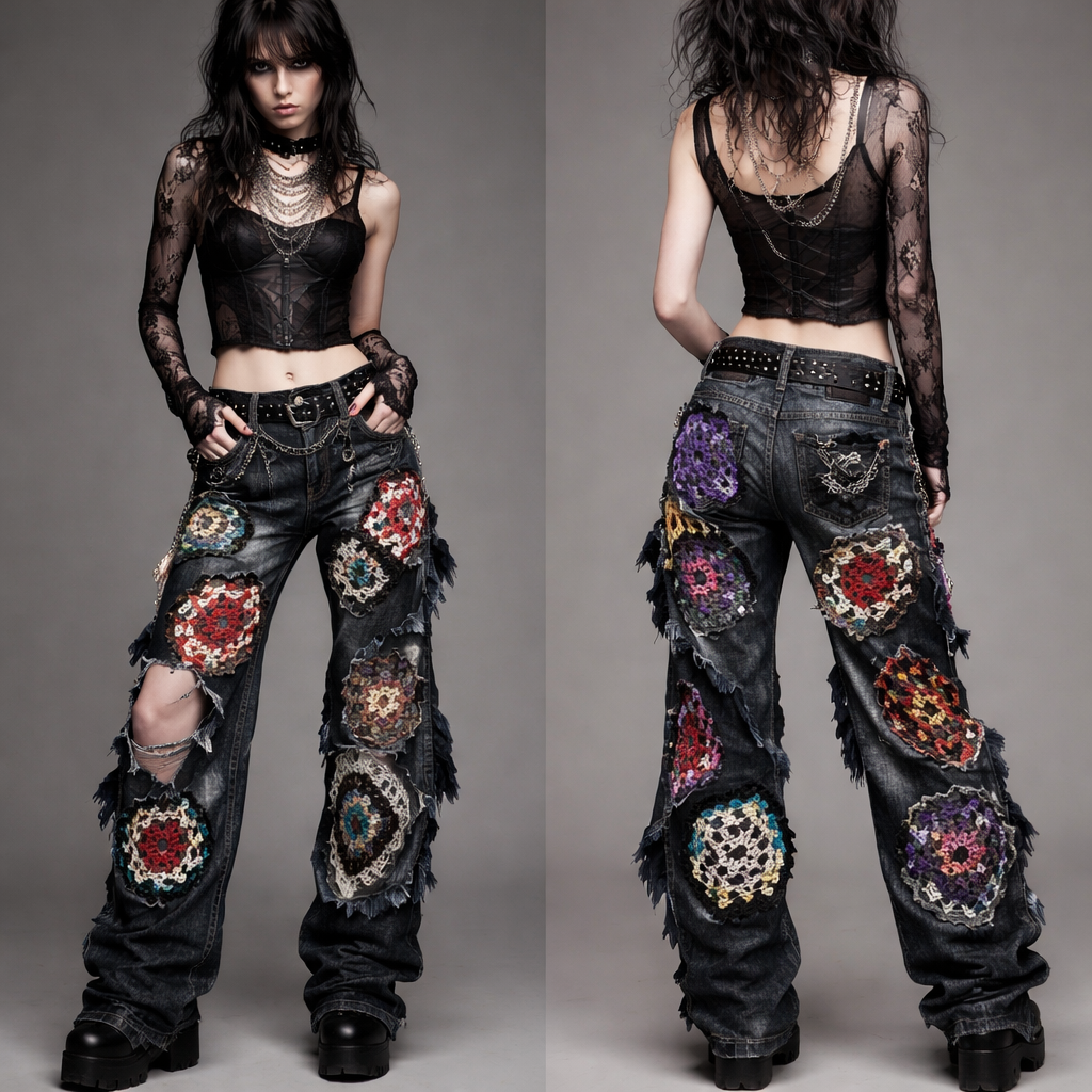Upcycled jeans where crochet granny squares rupture the denim structure, wrapping asymmetrically around the leg, with distorted, deconstructed motifs that function as both ornament and structural repair.
Upcycled jeans where crochet granny squares rupture the denim structure, wrapping asymmetrically around the leg, with distorted, deconstructed motifs that function as both ornament and structural repair., gothic style, show front and back