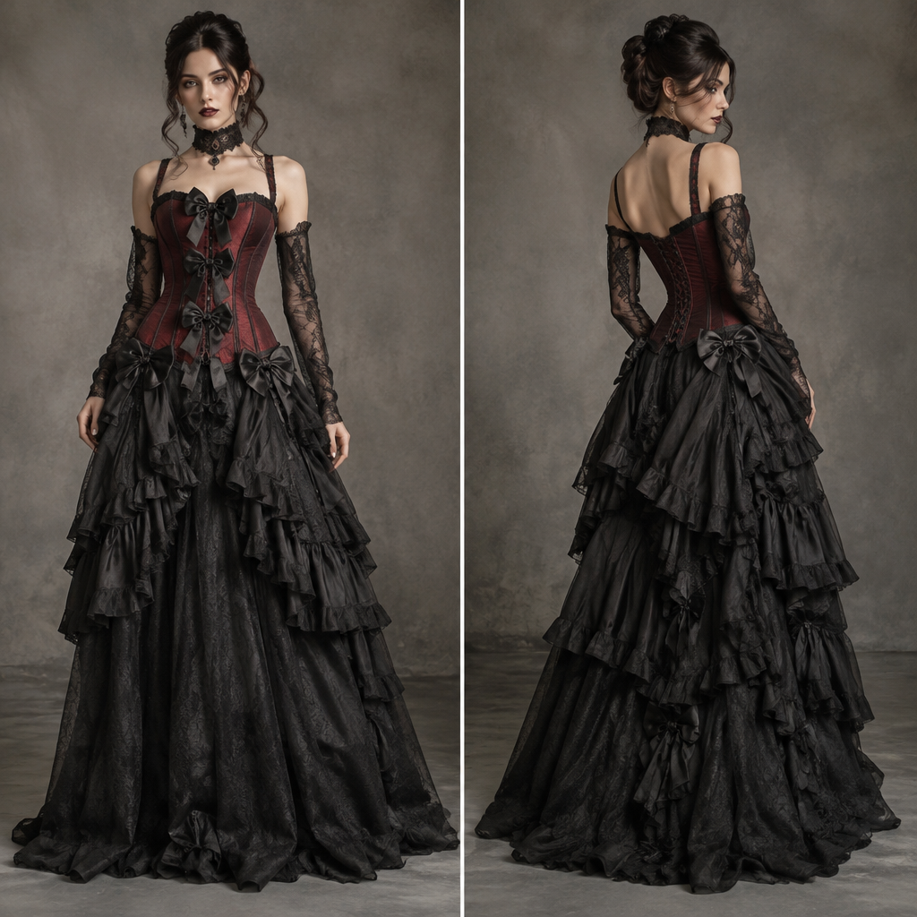 A Dress design, suitable for Fall, in Nu-Goth style. corset in deep burgundy and black ruffled bottom with bows down the bodice and at the joining of skirt and top Present it as professional fashion catalogue photography: the garment is the subject, shown full-length with editorial styling, neutral posing and tasteful, non-suggestive framing.
photorealistic fashion design, A Dress design, suitable for Fall, in Nu-Goth style. corset in deep burgundy and black ruffled bottom with bows down the bodice and at the joining of skirt and top Present it as professional fashion catalogue photography: the garment is the subject, shown full-length with editorial styling, neutral posing and tasteful, non-suggestive framing., nu_goth style, just the design no text